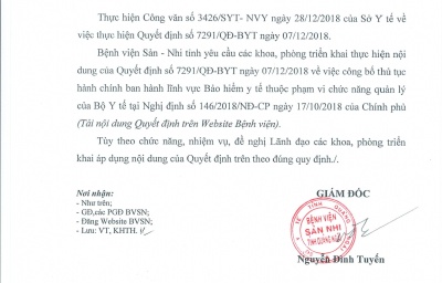 Công văn số: 50/BVSN-KHTH V/v thực hiện quyết định số 7291/QĐ-BYT